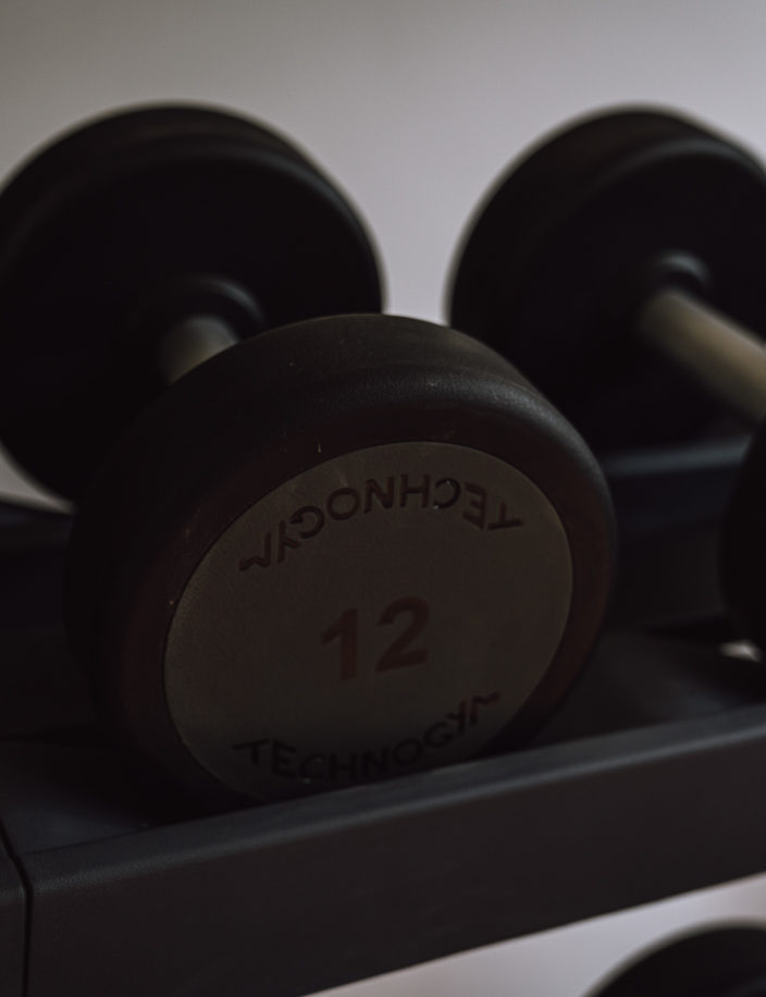 12 kilo dumbbells in a reck