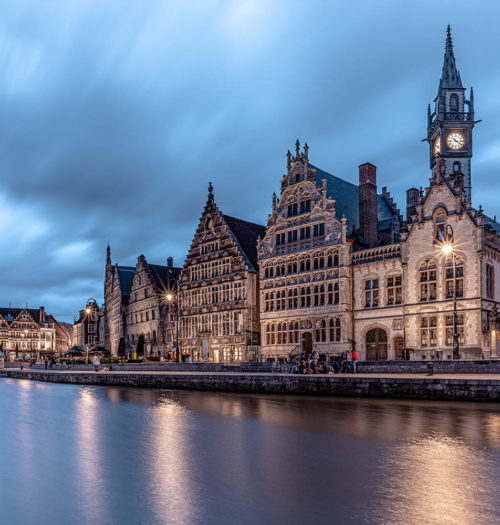 Historic buildings at night in the city of Ghent